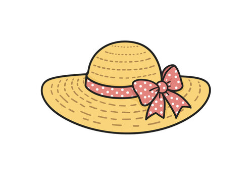 Yellow Straw Sun Hat with Pink Polka Dot Bow Vector Illustration