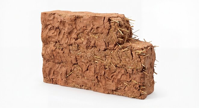A partial section of a wall constructed from adobe bricks showing the straw and mud composition.