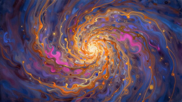 Vibrant cosmic swirl with swirling colors and glowing particles in a mesmerizing galaxy.