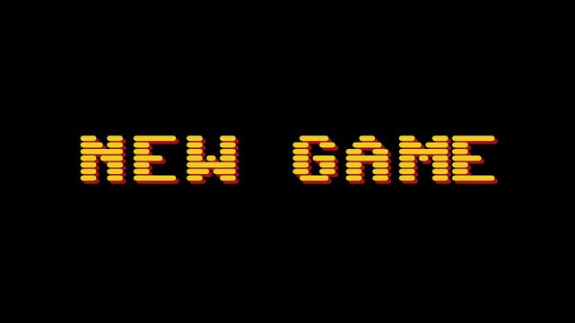 Retro 8-bit pixel art text for "NEW GAME" in bold yellow and orange hues against a black background, evoking a classic video game experience