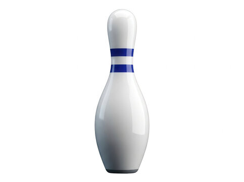 Un singolo birillo da bowling bianco e lucido con due strisce blu orizzontali, isolato su uno sfondo bianco puro, perfetto per rappresentare sport, competizione e svago.
