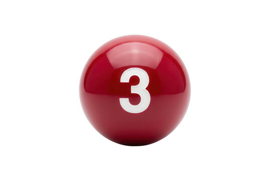Una palla da biliardo rossa lucida con il numero tre bianco stampato sopra, isolata su uno sfondo bianco puro, perfetta per concetti di gioco, competizione e design sportivo.