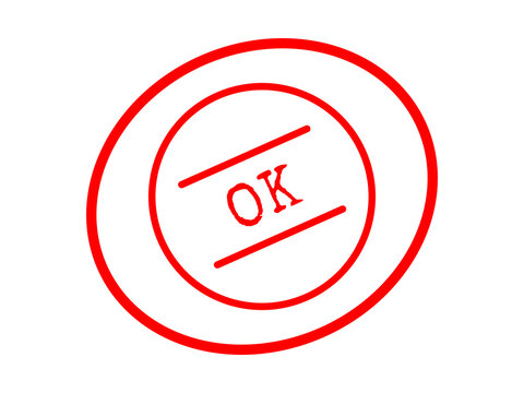 Red rubber stamp mark with ok text inside a circular frame for quality control isolated on transparent background