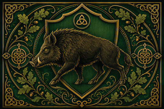 Celtic Wild Boar Emblem with Oak Leaves and Golden Knotwork Ornament