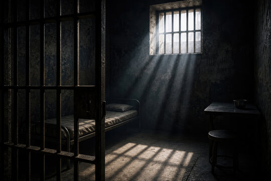 Dark Prison Cell Interior with Bars, Bed and Window Light