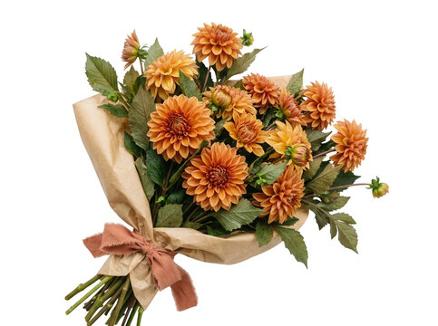 Un elegante bouquet di dalie color arancio avvolto in carta artigianale marrone con un nastro decorativo, isolato su sfondo bianco per composizioni floreali e design.