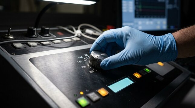 CT control console dial being adjusted for scan acquisition settings