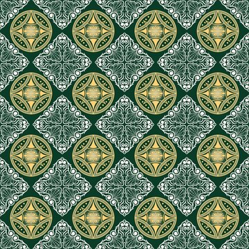 Decorative Geometric Floral Pattern with Gold and White Ornamental Motifs for textile, fabric, wallpaper, fashion, packaging, wrapping paper, stationery, and surface design projects.