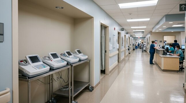 Cardiology department with several ECG machines lined up in a supply alcove