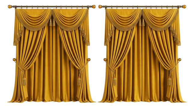 Due set di tende classiche color oro con mantovana decorativa e nappe su bastone in metallo, isolate su sfondo bianco per design d'interni di lusso e decorazione domestica elegante.