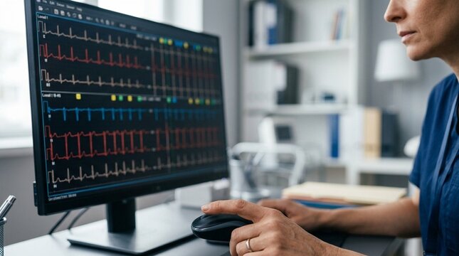 Cardiologist reviewing a Holter monitor ECG recording download on a workstation screen