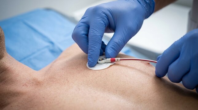 Stress test ECG leads being connected before a treadmill cardiac examination