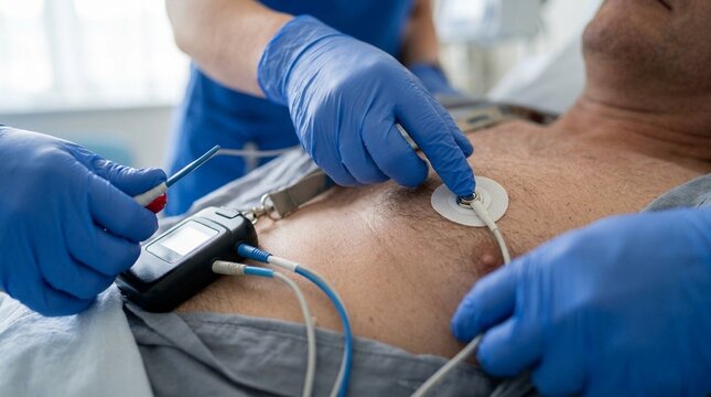 Nurse attaching a portable Holter monitor device to a patient for a twenty-four hour ECG recording