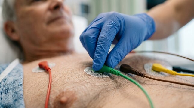 Nurse attaching ECG electrode leads to a patient chest before running a twelve-lead recording