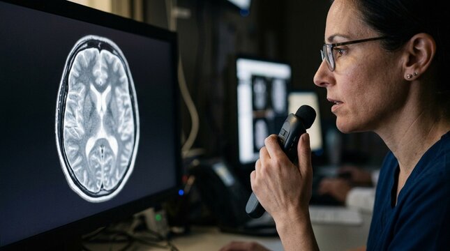 Radiologist dictating findings into a microphone while reviewing an MRI image on a diagnostic monitor