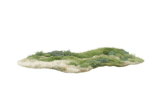 Una piccola isola di terreno erboso con vegetazione naturale e dune di sabbia isolata su uno sfondo bianco puro, ideale per composizioni grafiche e progetti di design paesaggistico.