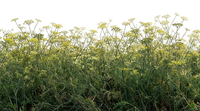 Un fitto campo di finocchio selvatico in fiore con caratteristiche ombrelle gialle che si stagliano contro un cielo bianco e luminoso.
