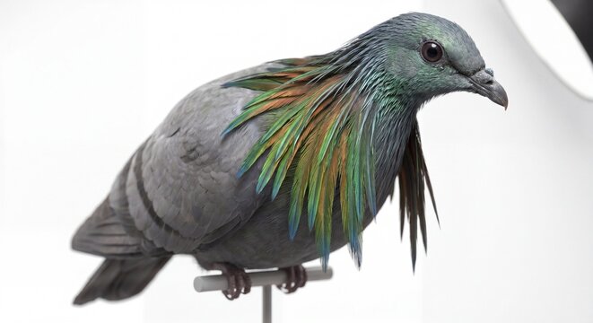 A detailed close-up shot of a Nicobar pigeon perched on a metal stand against a clean white.