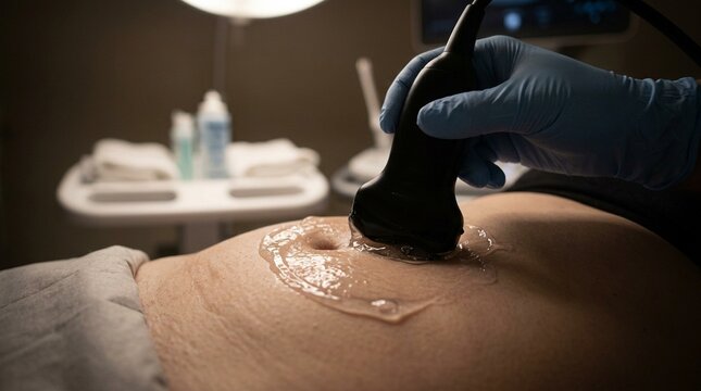 Ultrasound transducer gliding across a patient abdomen with gel visible
