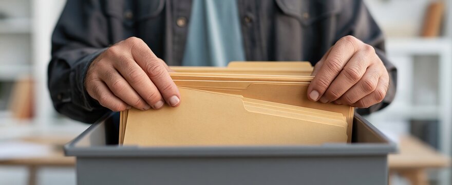 Office worker organizing business documents and paperwork in storage box archives