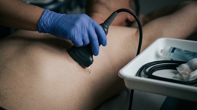 Cardiac ultrasound transducer positioned against a patient chest during an echocardiogram