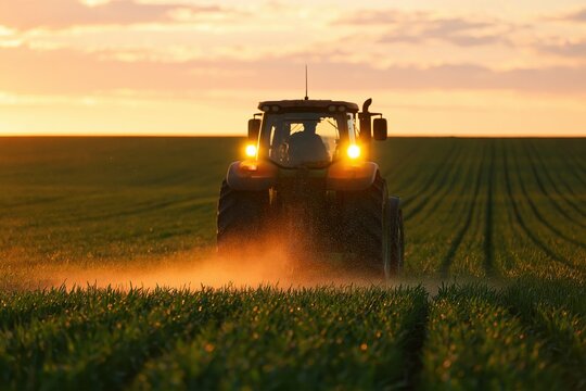 Tractor working in an agriculture field at sunset with dust and rural machinery