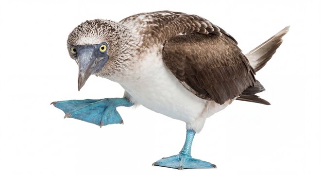 A full body shot of a Blue-footed Booby standing on one leg against a plain white background.