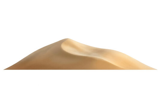Una singola duna di sabbia dorata isolata su sfondo bianco, con curve morbide e texture naturale, ideale per composizioni grafiche, design minimalista e progetti ambientali.