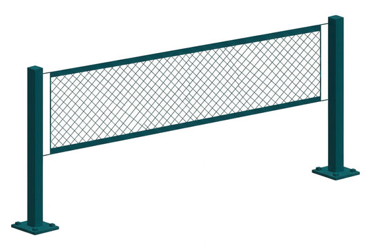 Una recinzione a rete metallica verde con pali di supporto su sfondo bianco, rappresentata in stile isometrico 3D per progetti di architettura, design industriale e sicurezza perimetrale.