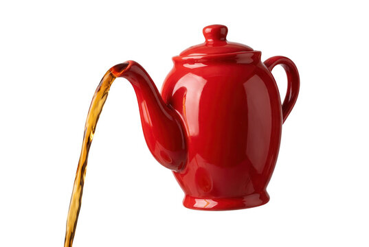 Una teiera in ceramica rossa brillante che versa t&egrave; caldo o caff&egrave; scuro su uno sfondo bianco isolato, catturando il movimento fluido del liquido in caduta libera.
