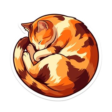Cute curled up sleeping calico cat sticker illustration vector isolated on white