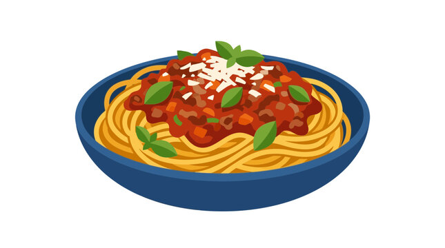 Flat Vector Illustration of Spaghetti Bolognese in a Blue Bowl