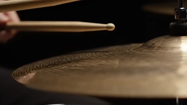 Drumstick striking a brass cymbal during a music performance.