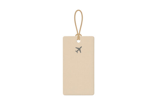 Etichetta per bagagli in cartoncino color beige con icona di un aereo stampata e cordino di fissaggio, isolata su sfondo bianco per concetti di viaggio e turismo