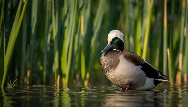A male bufflehead duck with striking white head plumage stands in shallow water surrounded by tall green reeds.