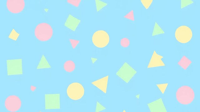 Geometric shapes pattern featuring pastel circles, triangles, and squares on a light blue background.