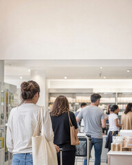 Obraz premium Checkout line of blurred shoppers in bright softly lit modern store background