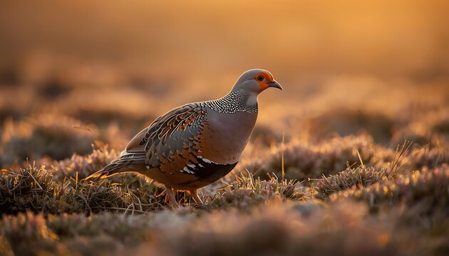A grey francolin stands alert on dry, grassy ground during a warm sunset, its patterned plumage illuminated.