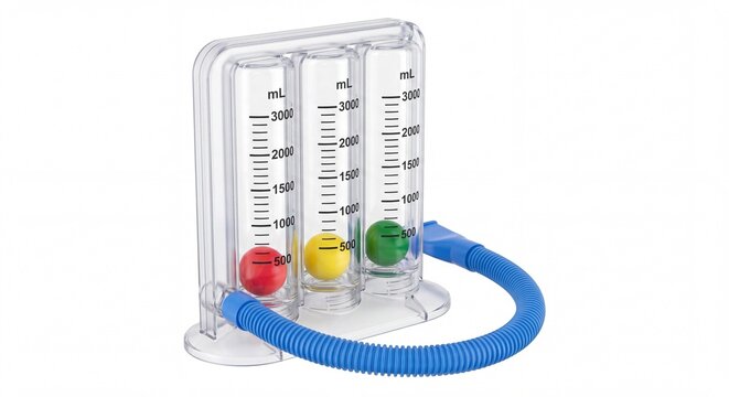 A clear plastic incentive spirometer with three colored balls and a blue hose on white background.