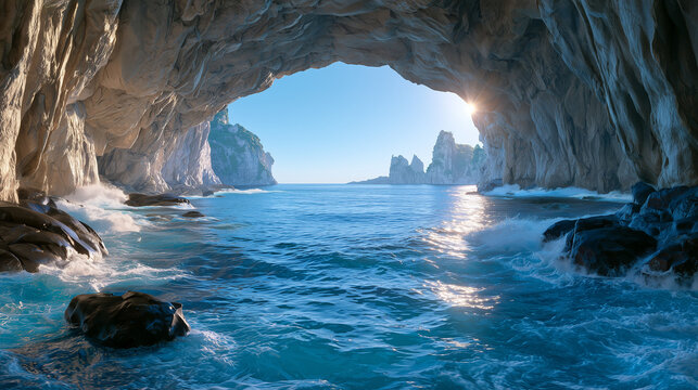 massive ocean sea cave carved into towering coastal cliffs, enormous natural stone arch opening toward a deep blue ocean, waves crashing against dark rocks.
