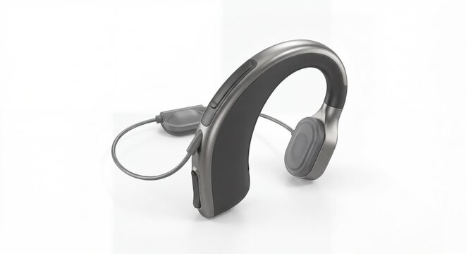 A modern behind-the-ear hearing aid device isolated on a clean white background for medical use.