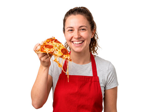 Happy young woman wearing a red apron holding a slice of pepperoni pizza with melted cheese PNG Isolated on transparent background