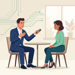 Obraz premium Man holding remote control presents ideas to woman in meeting room with circuit board graphic