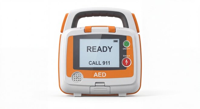 A portable automated external defibrillator device showing a ready status screen on white.