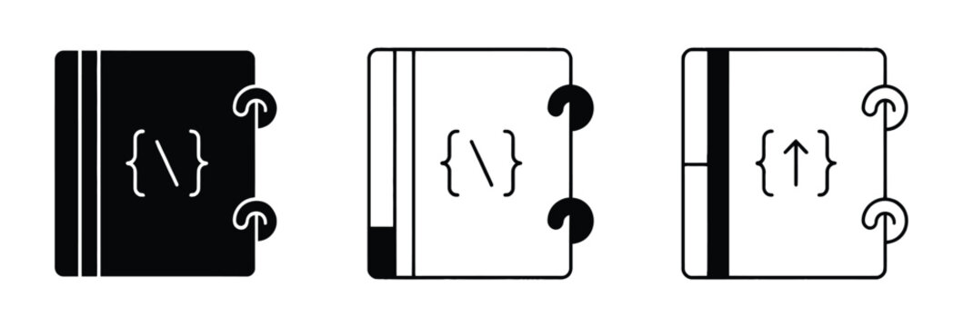 Coding Book Outline Icon Multiple Style. Coding book software programming documentation developer guide script manual notebook icon set in line and solid vector style.