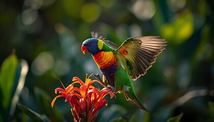 Obraz premium A vibrantly colored rainbow lorikeet with its wings spread slightly hovers over a bright orange flower in a lush, green garden setting.