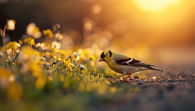 A small American Goldfinch in bright yellow plumage pecks at the ground amidst a field of vibrant yellow wildflowers.