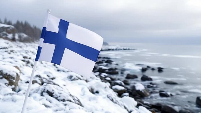 Finnish flag waving on a snowy rocky coastline