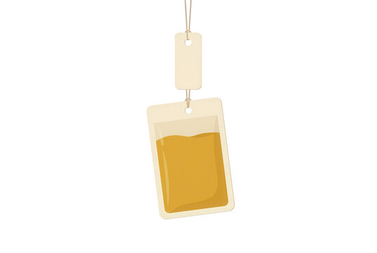 Etiqueta de precio rectangular de color beige con un l&iacute;quido dorado en el interior, colgando de una cuerda sobre un fondo blanco limpio, ideal para dise&ntilde;o de marketing y promociones comerciales.