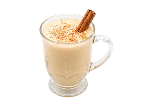 Festive Eggnog in a Glass Mug Garnished with Cinnamon Stick and Nutmeg Powder for Christmas Celebrations PNG Isolated on transparent background